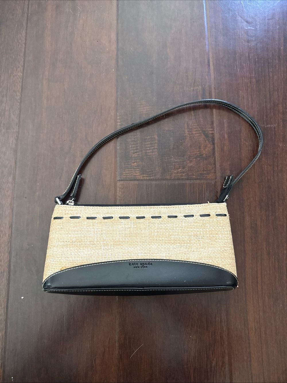 kate spade Natural Straw Wristlet with Black Leather Accent
